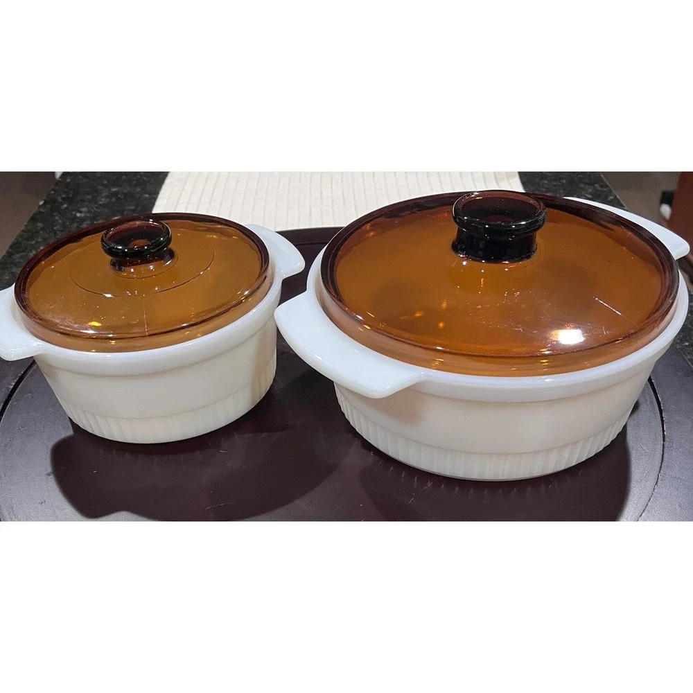 Vintage Fire King Ovenware Amber Glass Lids Baking Dishes~ Set of 2 ~ 1 and 2 QT